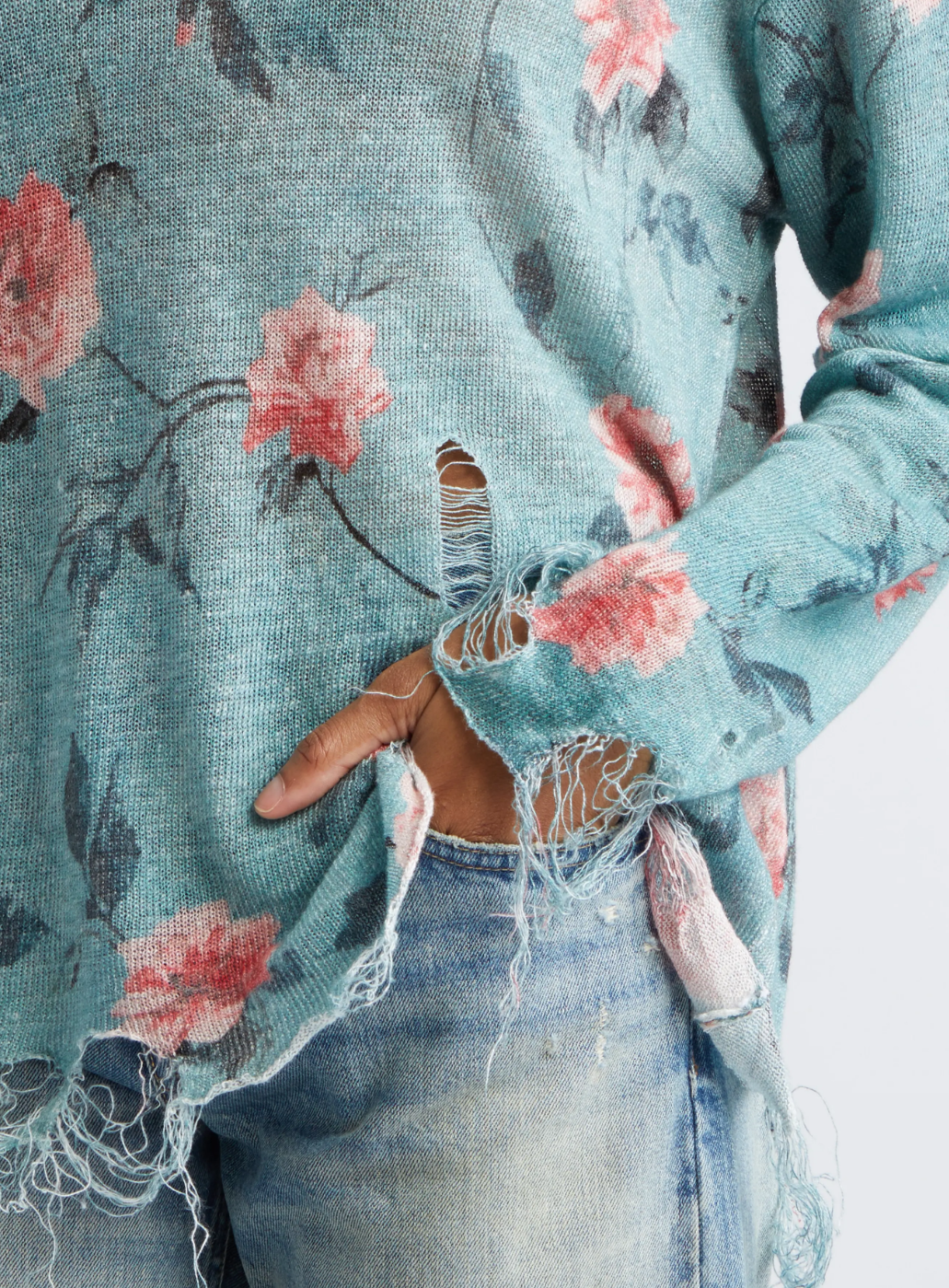 R13 Oversized Distressed Floral Boyfriend Sweater In Blue - Size L