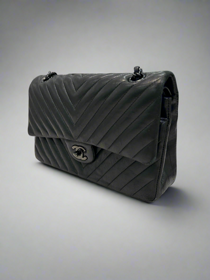 CHANEL Medium So Black Chevron Quilted Lambskin Leather Double Flap