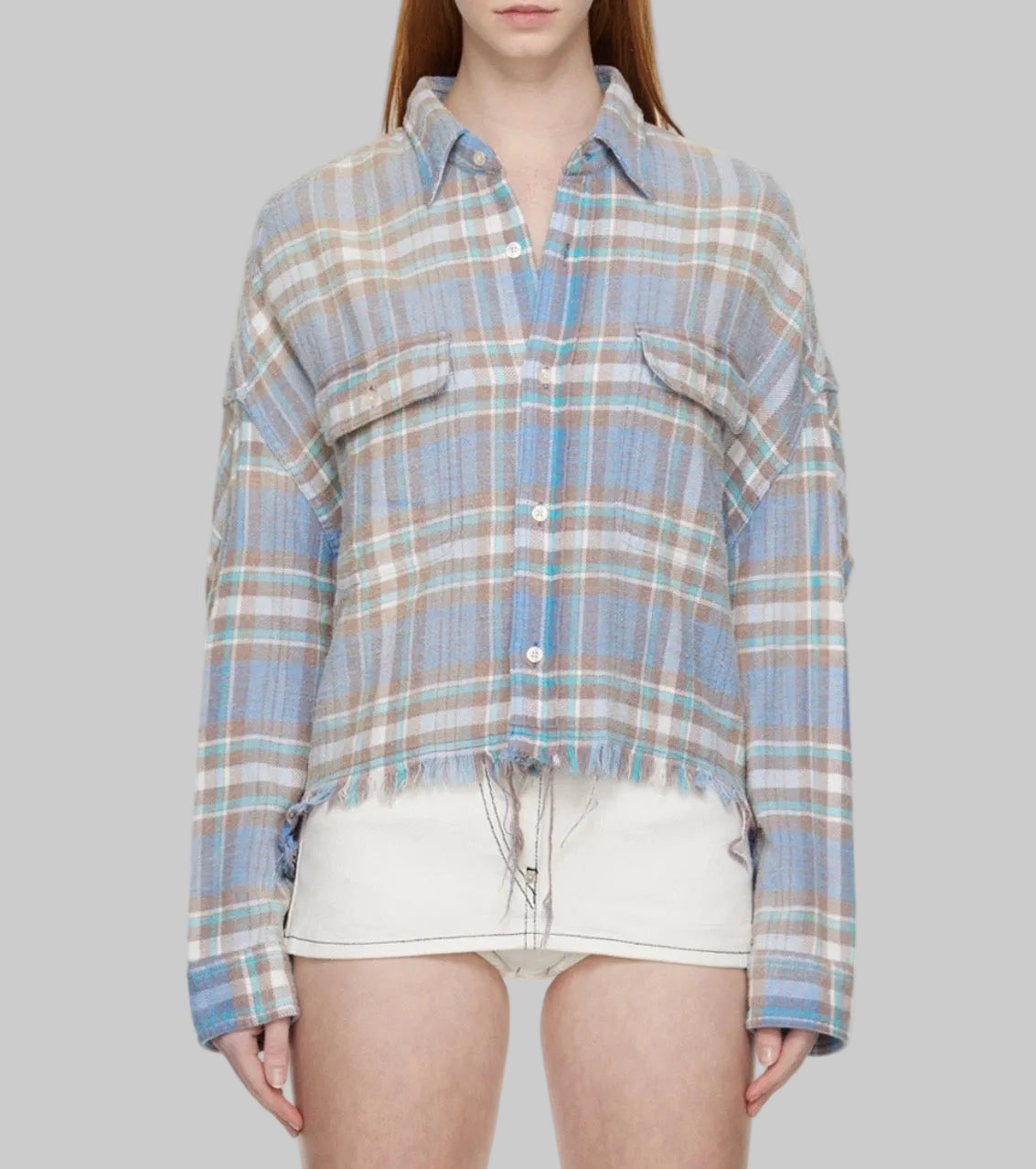 R13 Blue Cropped Plaid Button Up - Size M