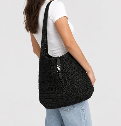 SAINT LAURENT Le 5 À 7 Medium Tote In Black Raffia