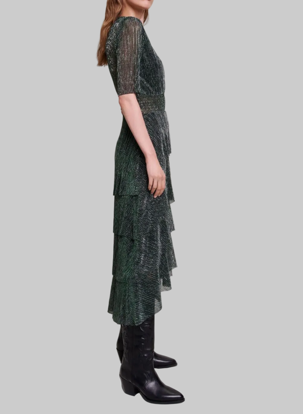 MAJE Green Strech Lurex Fabric Dress With Ruffles - Size xs