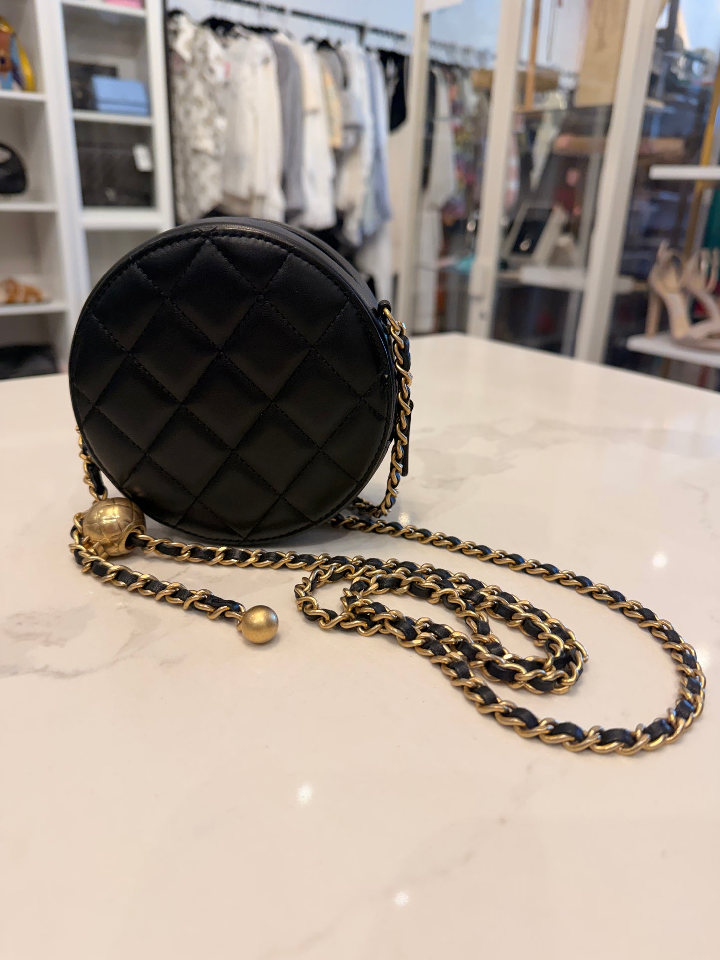 CHANEL Lambskin Quilted Round Pearl Crush Clutch w/ Chain