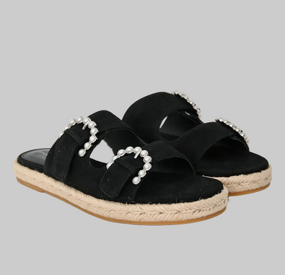 STUART WEITZMAN Black Suede Tomi Pearl Accent Espadrilles - Size 6.5
