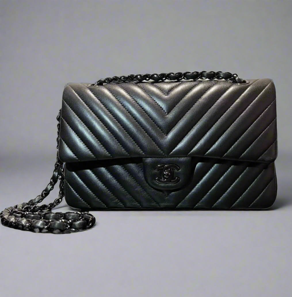 CHANEL Medium So Black Chevron Quilted Lambskin Leather Double Flap