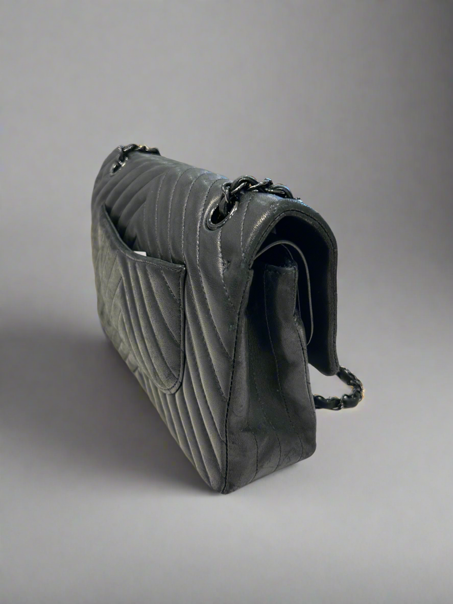 CHANEL Medium So Black Chevron Quilted Lambskin Leather Double Flap