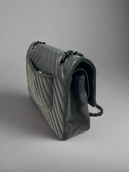 CHANEL Medium So Black Chevron Quilted Lambskin Leather Double Flap