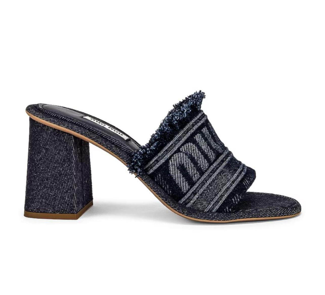 MIU MIU Denim Fringe Logo Block Heel - Size 40