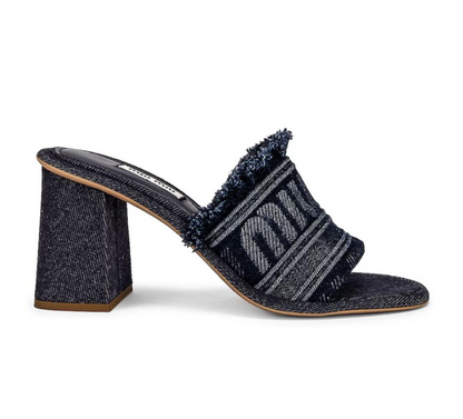 MIU MIU Denim Fringe Logo Block Heel - Size 40