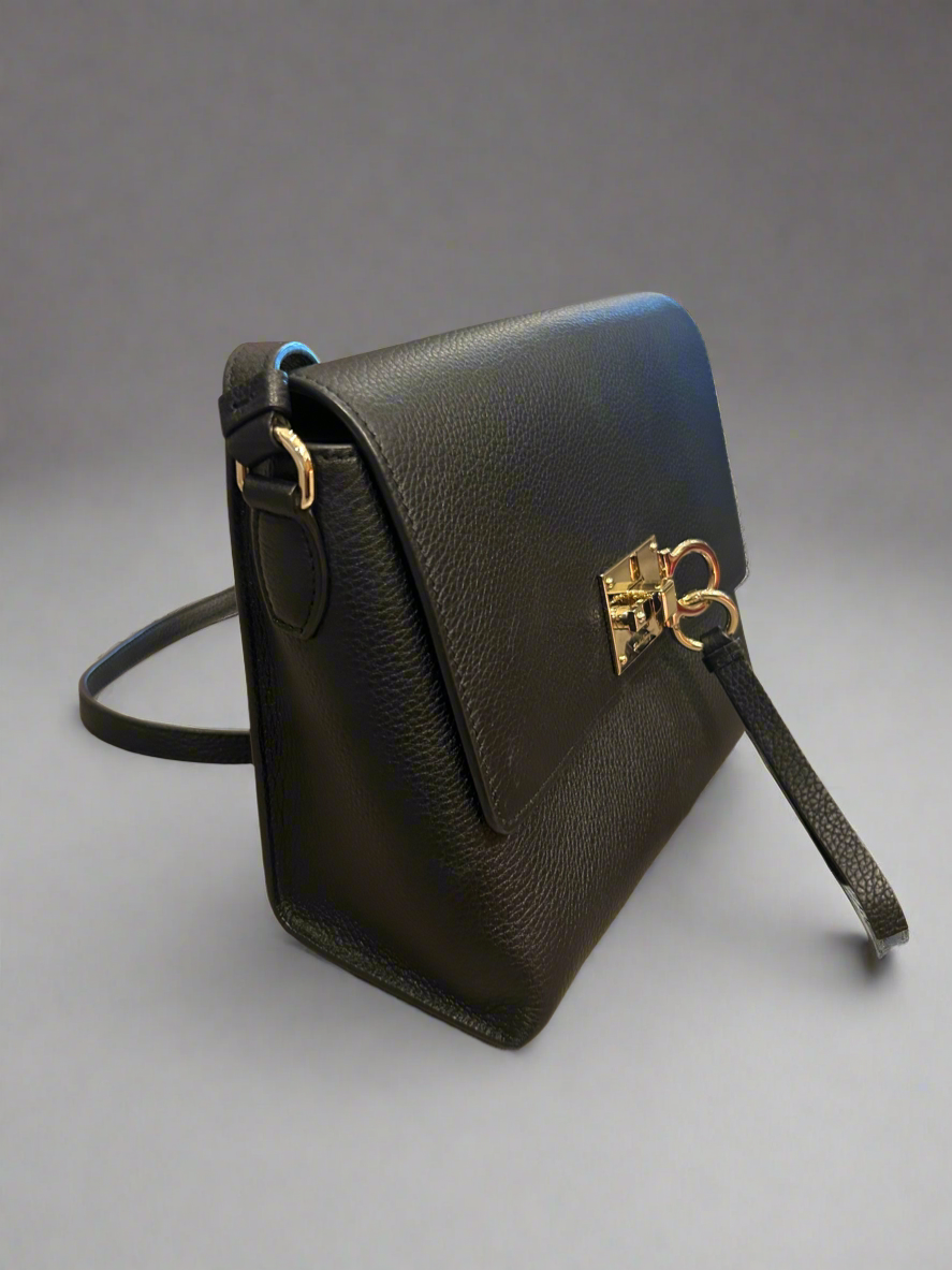 FERRAGAMO Black Pebbled Leather Crossbody