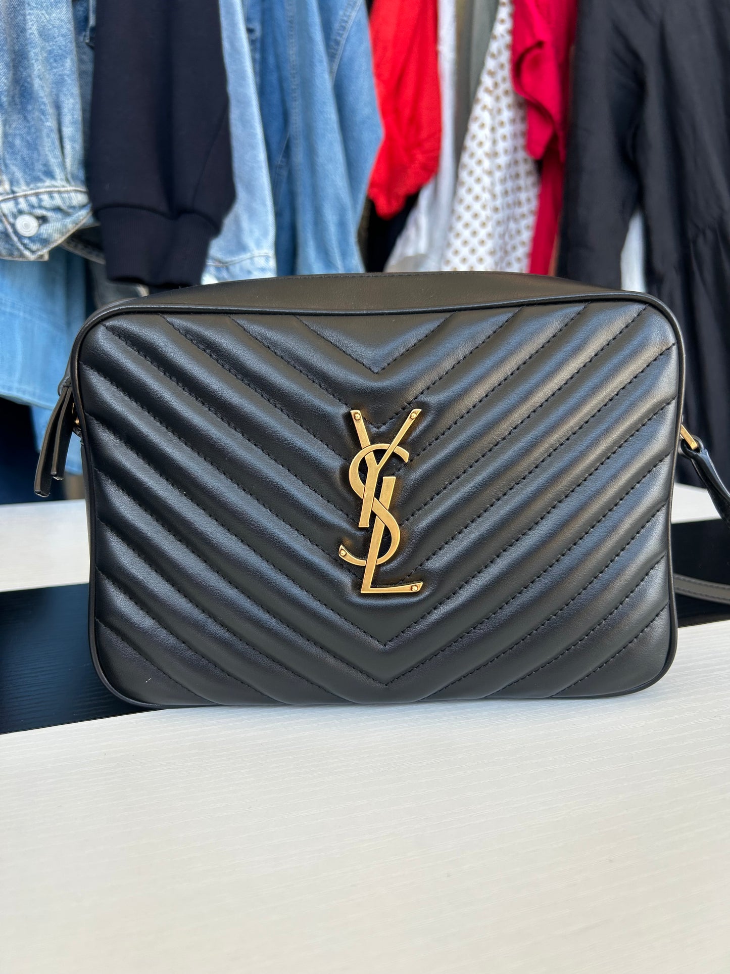 SAINT LAURENT Medium Lou Chevron Leather Camera Bag