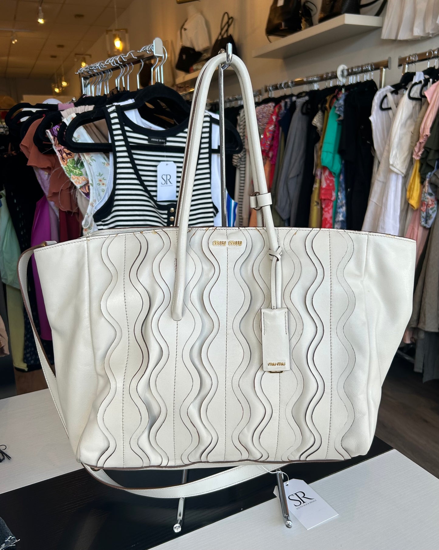 MIU MIU White Leather Matelassé Shopper