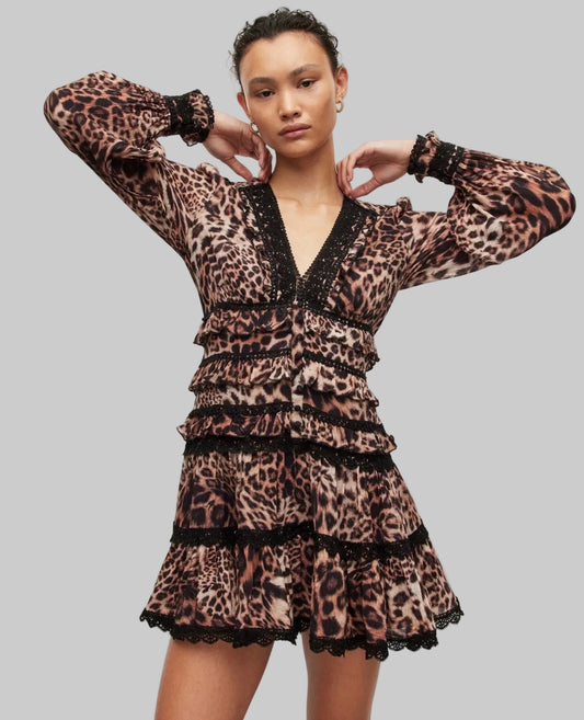 ALLSAINTS Leopard Print Black Lace Mini Dress - Size 8