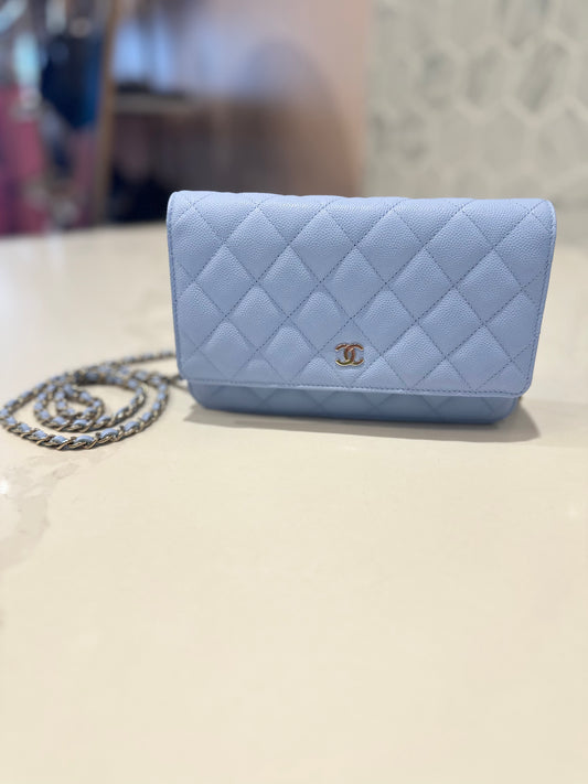 Pale Blue Quilted Caviar WOC Wallet On Chain