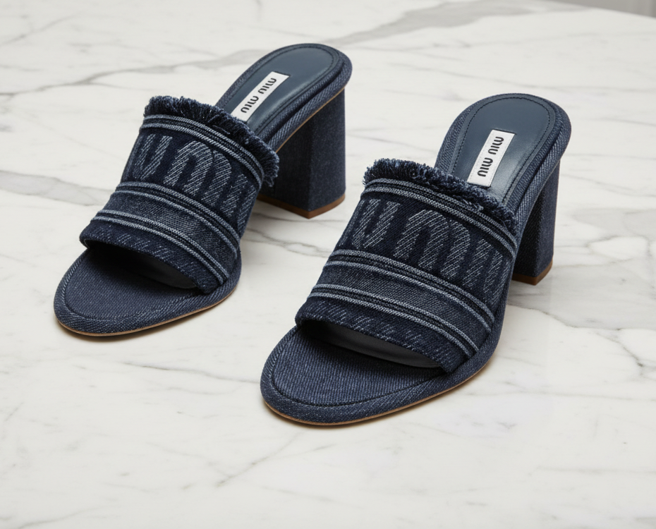 MIU MIU Denim Fringe Logo Block Heel - Size 40