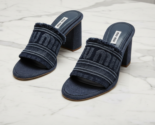 MIU MIU Denim Fringe Logo Block Heel - Size 40