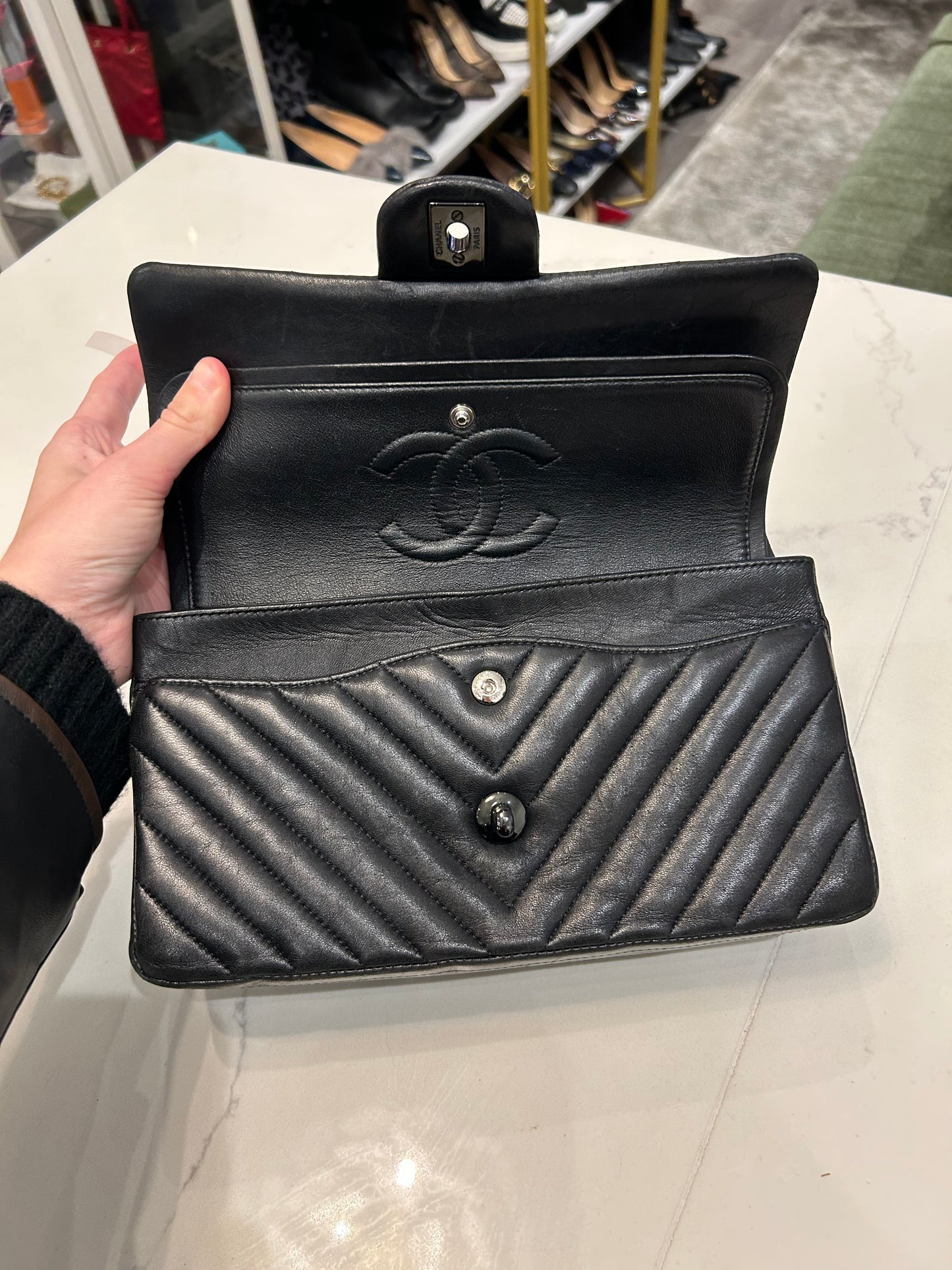 CHANEL Medium So Black Chevron Quilted Lambskin Leather Double Flap