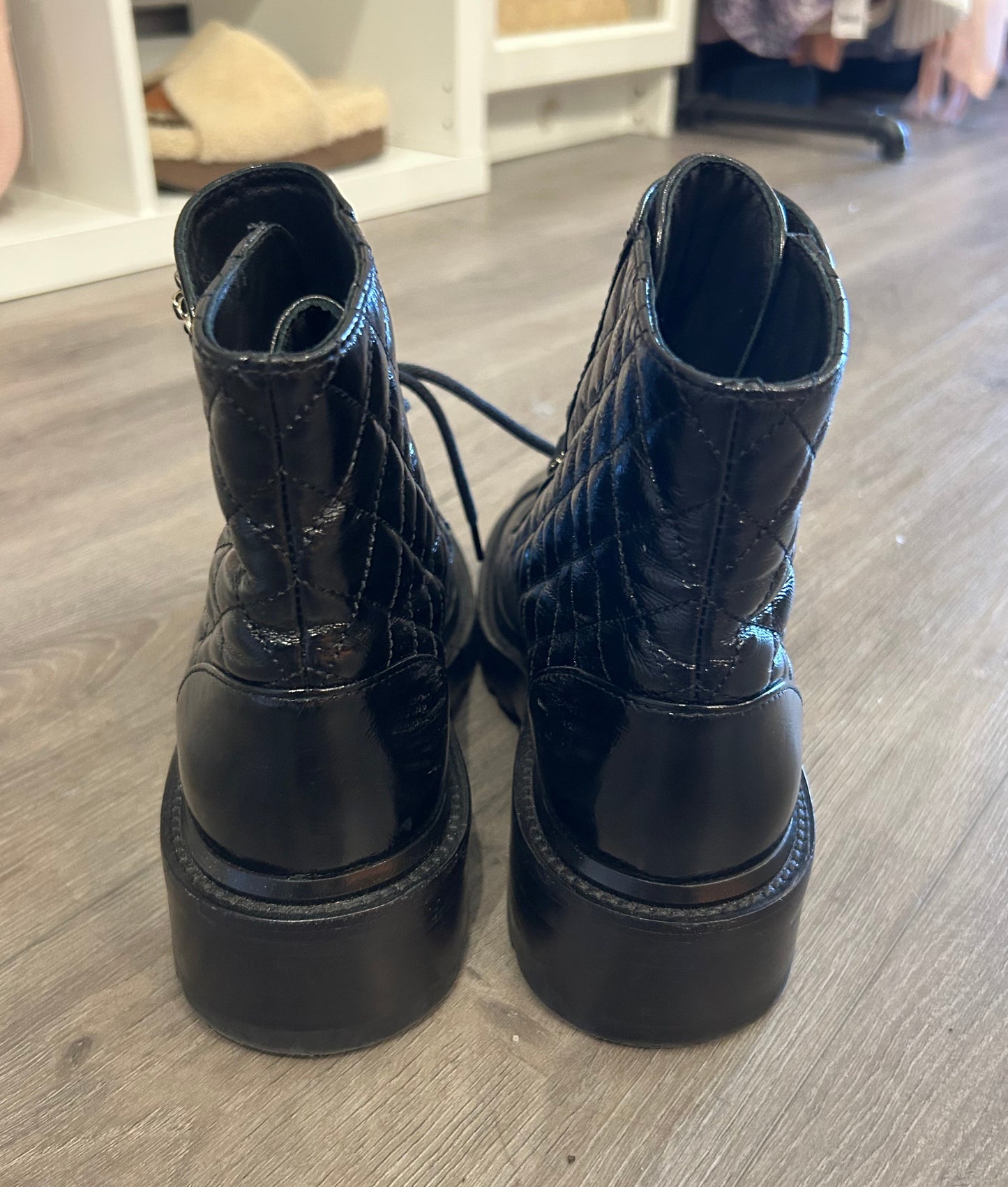 CHANEL Quilted Monogram CC Patent Leather Boots - Size 37.5