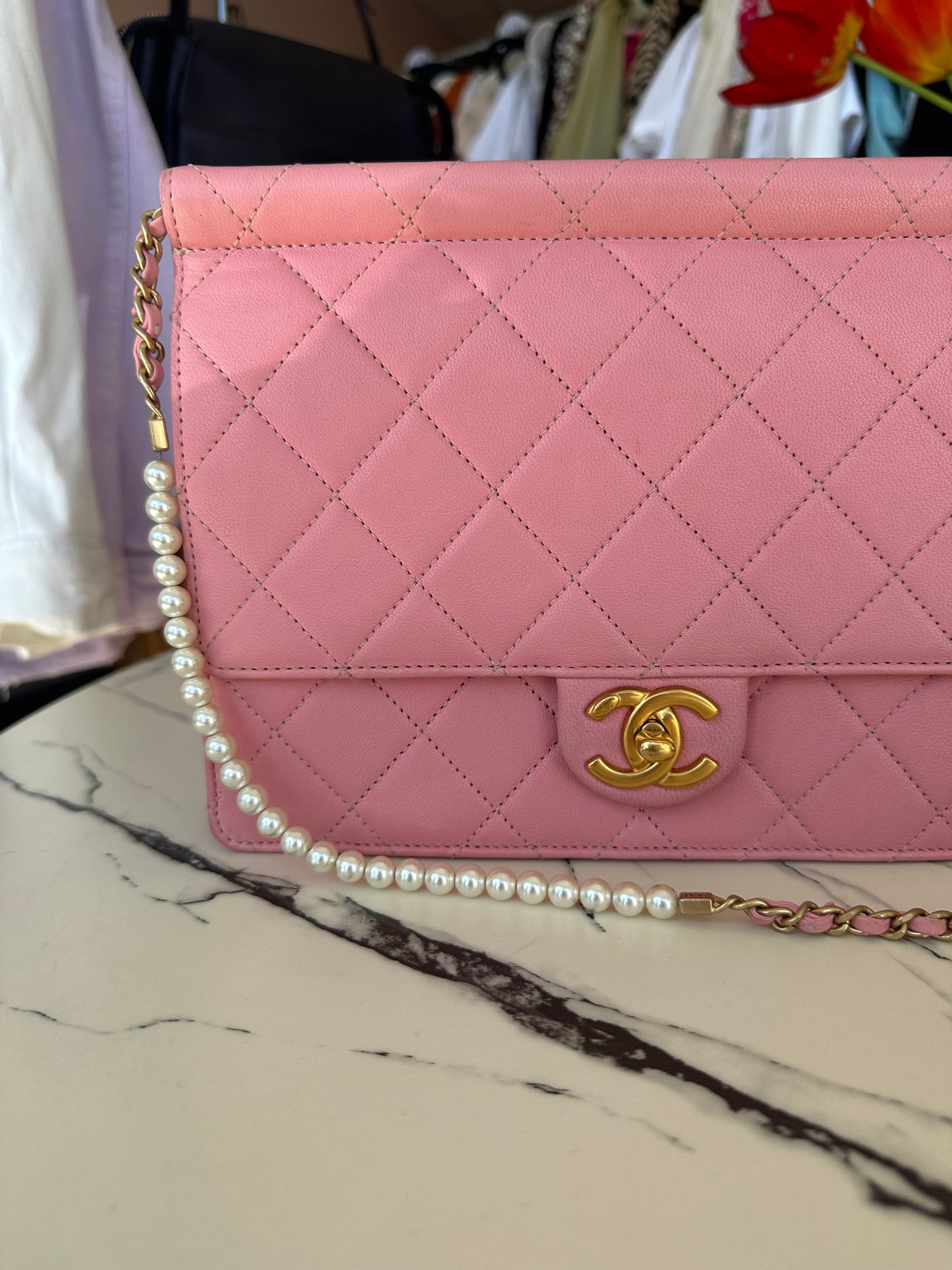 Chanel Pink Lambskin Quilted Flap Bag with Pearl Chain