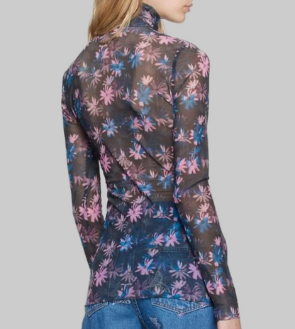 GANNI Daisy Spray Mesh Turtleneck- Size xs