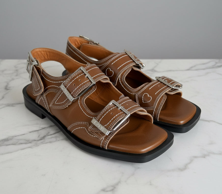 GANNI Brown Leather Buckle Sandals - Size 38