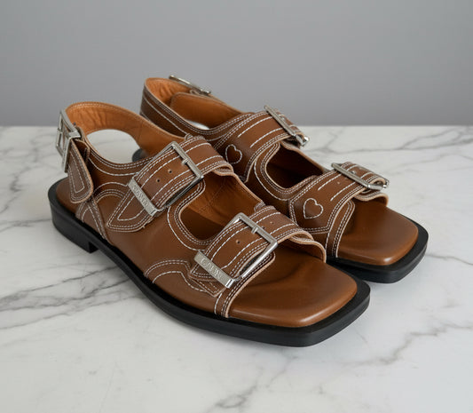 GANNI Brown Leather Buckle Sandals - Size 38