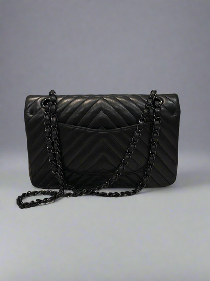 CHANEL Medium So Black Chevron Quilted Lambskin Leather Double Flap