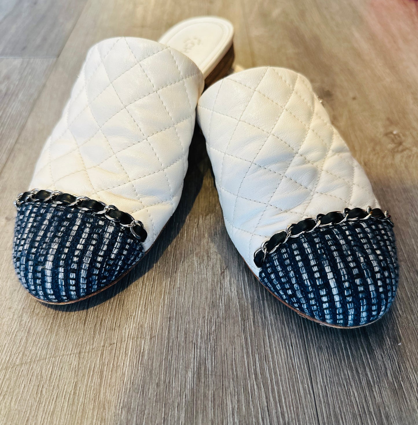 Chanel Quilted Leather And Grosgrain Fabric Mules - Size 38