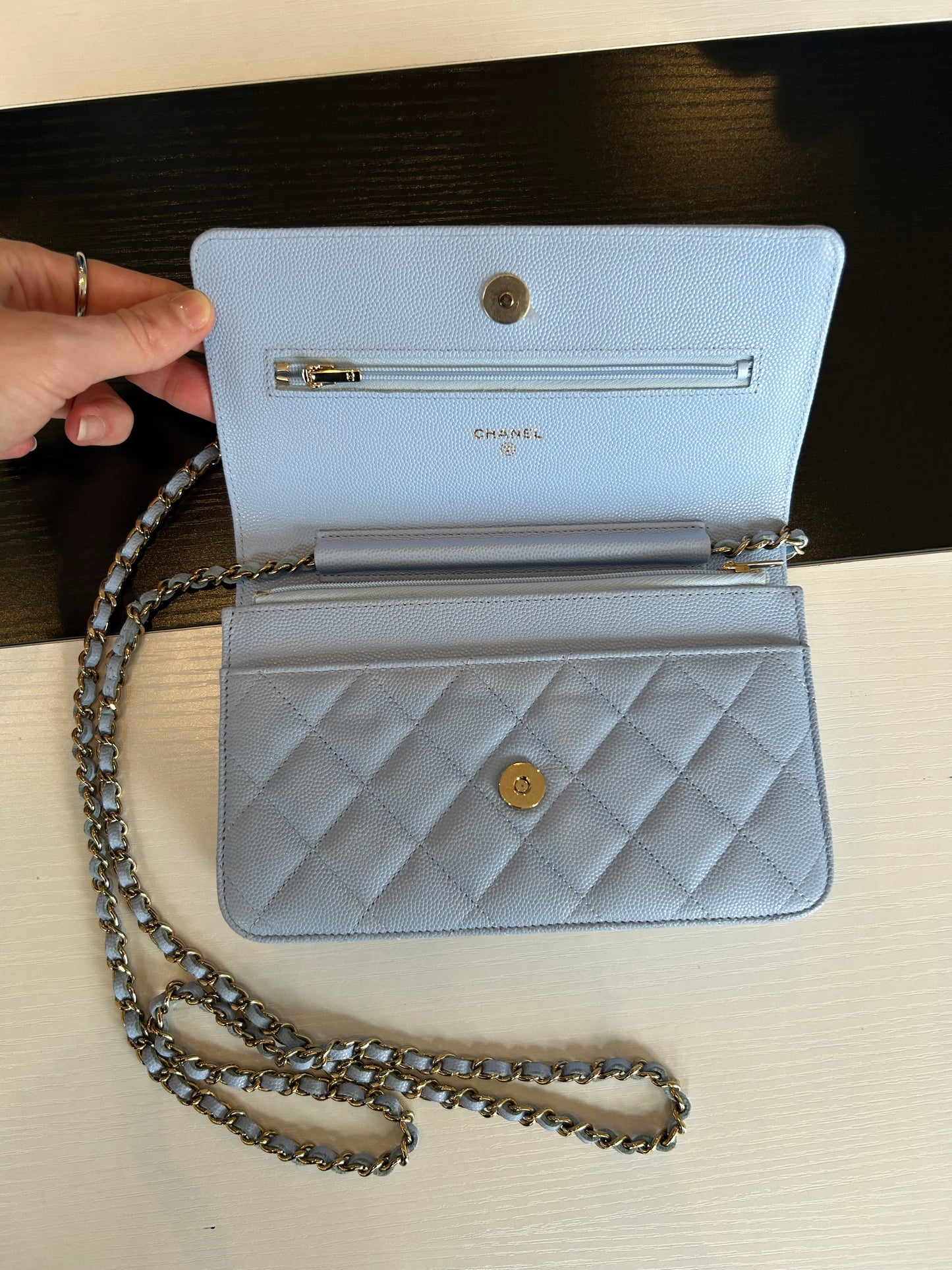 CHANEL Light Blue Caviar Leather Wallet On Chain