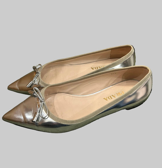 PRADA Silver Pointed Toe Ballet Flat - Size 39.5