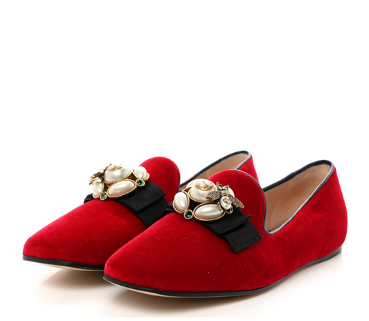 GUCCI Velvet Etoile Pearl Embellished Loafers - Size 39