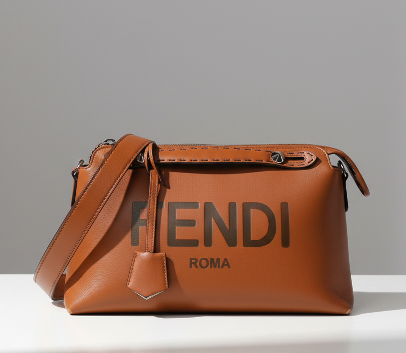 FENDI Vitello King Logo Embossed Medium By The Way Boston Bag Cuoio