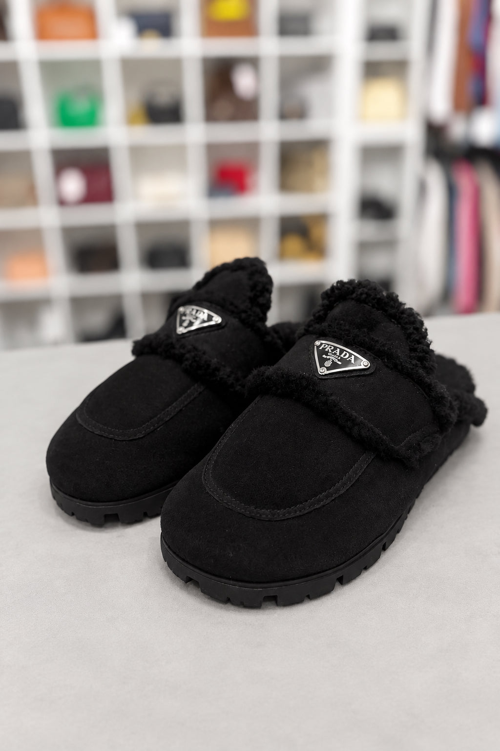 PRADA Black Suede & Shearling Loafer Slide - Size 37