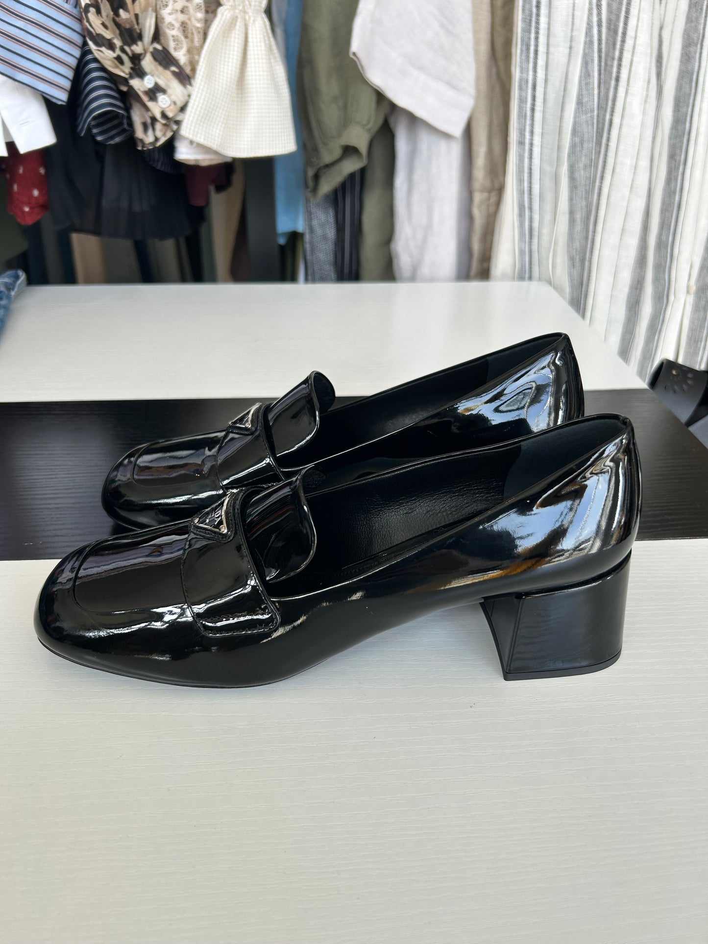 PRADA Black Patent Leather Heeled Loafers - Size 40 (fits small)