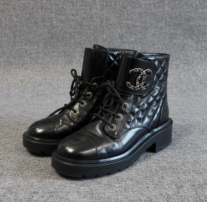 CHANEL Quilted Monogram CC Patent Leather Boots - Size 37.5