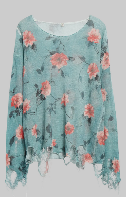R13 Oversized Distressed Floral Boyfriend Sweater In Blue - Size L