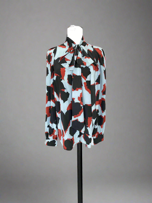 Gucci Abstract Leaf Print Neck Tie Detail Long Sleeve Silk Blouse - Size S