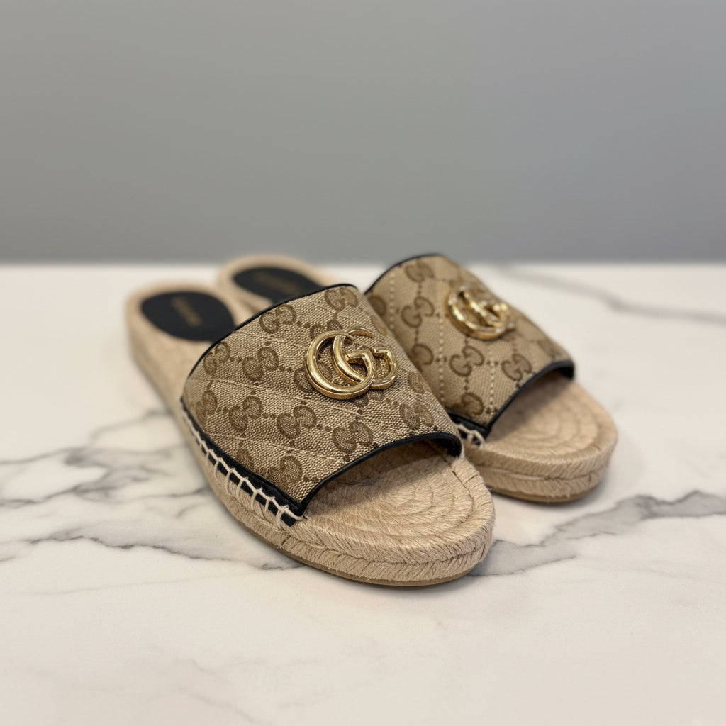 Gucci Beige Canvas GG Espadrille Sandals - Size 38