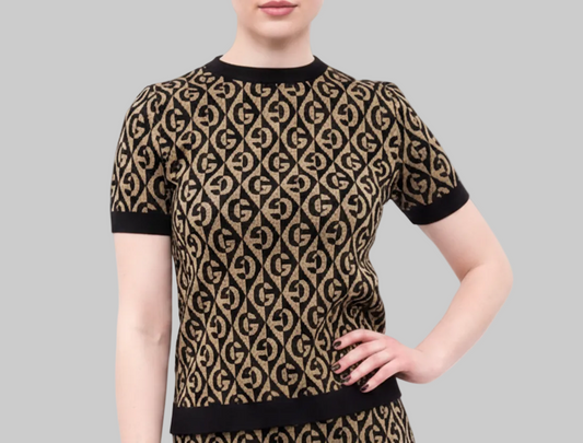 GUCCI Black & Gold Logo Metallic Top - Size M