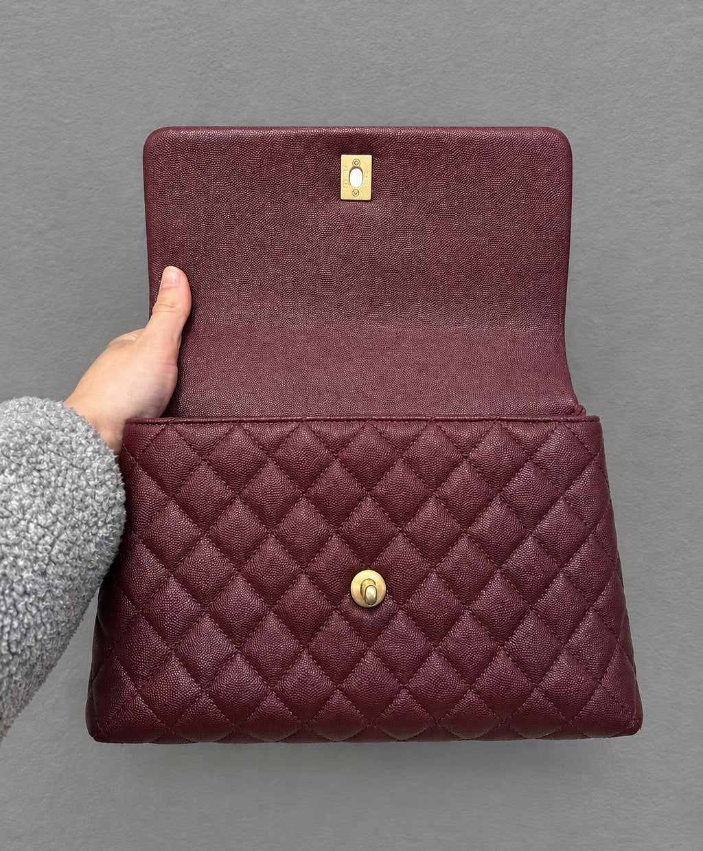 CHANEL Burgundy Caviar Small Python coco Handle Flap Bag