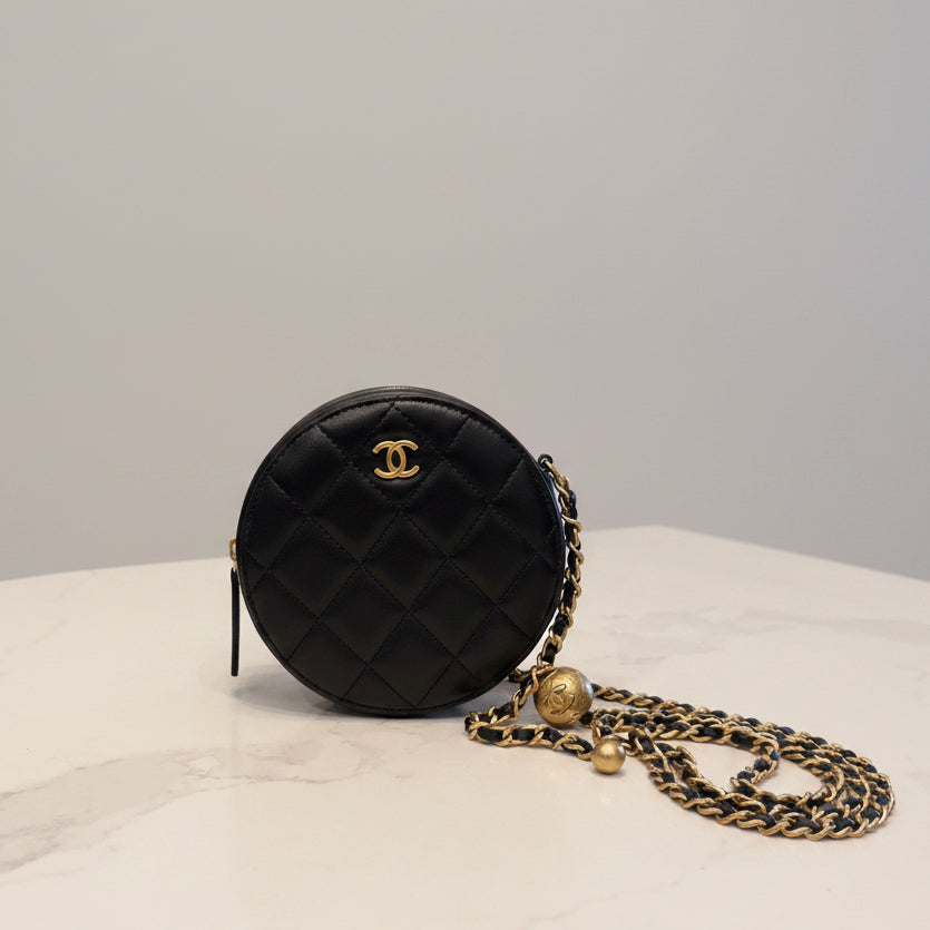 CHANEL Lambskin Quilted Round Pearl Crush Clutch w/ Chain