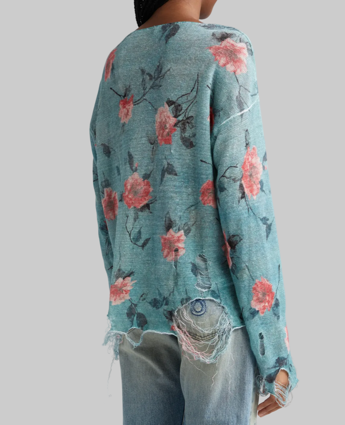 R13 Oversized Distressed Floral Boyfriend Sweater In Blue - Size L