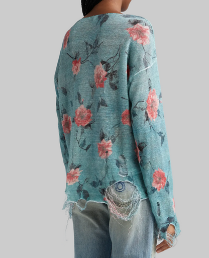 R13 Oversized Distressed Floral Boyfriend Sweater In Blue - Size L