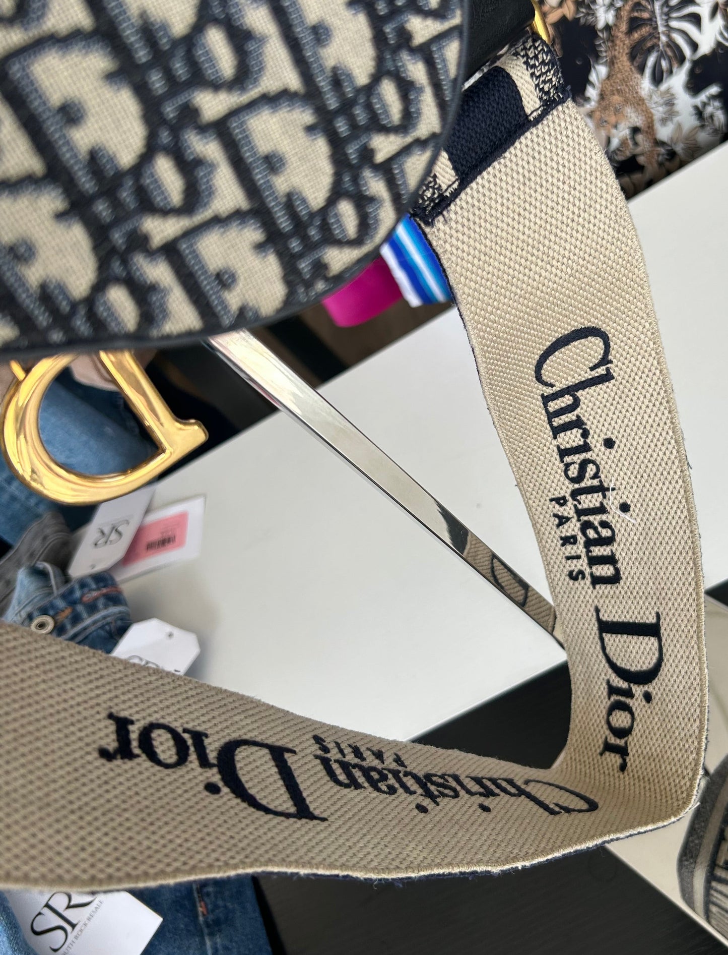 CHRISTIAN DIOR Blue Oblique Jacquard Mini Saddle Bag With Strap