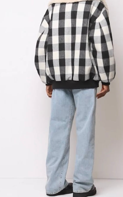 R13 EXAGGERATED SHEARLING COLLAR BOMBER JACKET IN ECRU BUFFALO - Size M