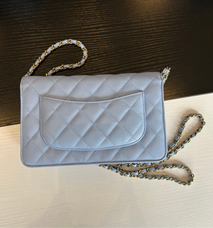 CHANEL Light Blue Caviar Leather Wallet On Chain
