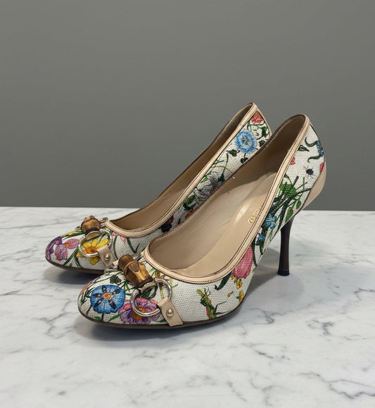 GUCCI Flora Bamboo Horse-bit Pump - Size 7