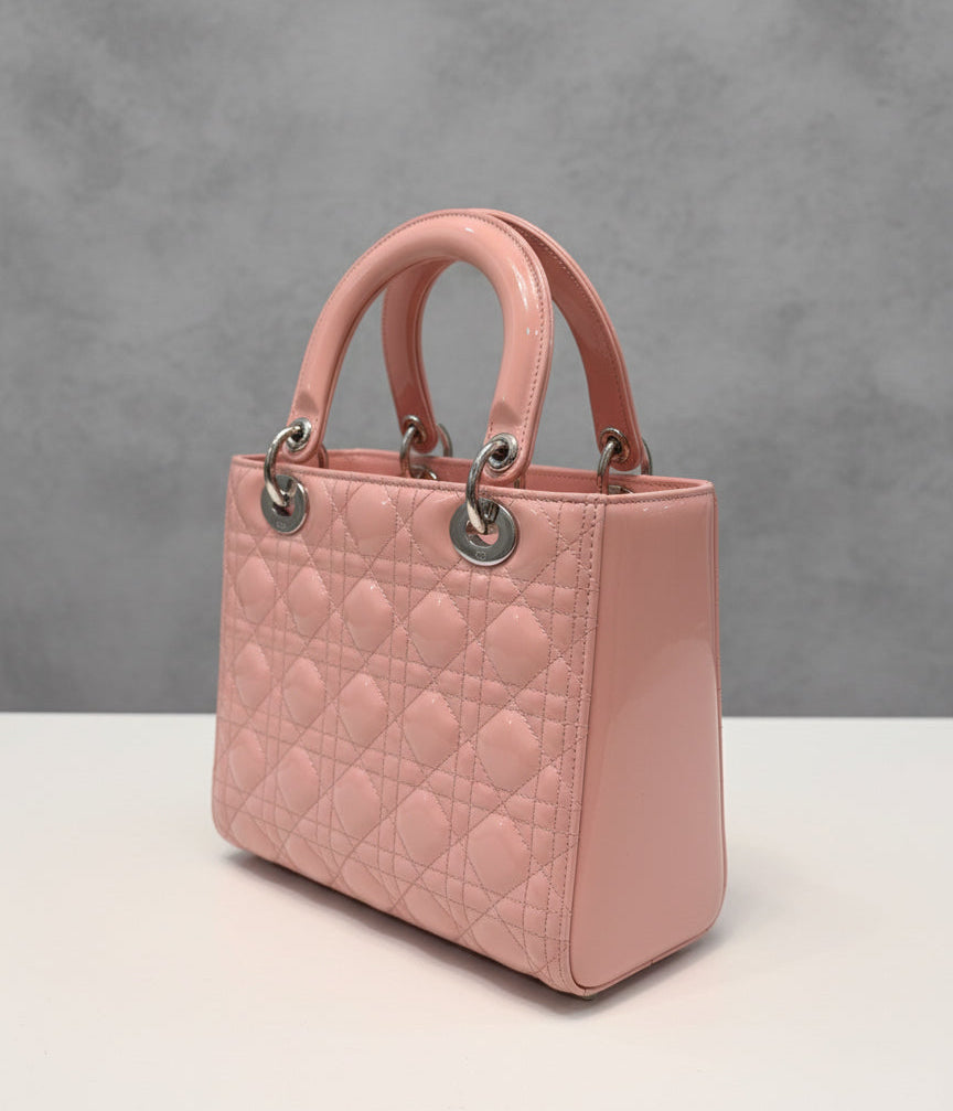 Christian Dior Rose Des Vents Patent Cannage Calfskin Leather Medium Lady Dior