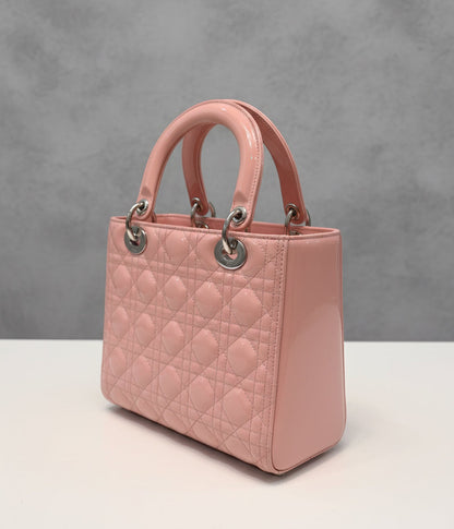 Christian Dior Rose Des Vents Patent Cannage Calfskin Leather Medium Lady Dior