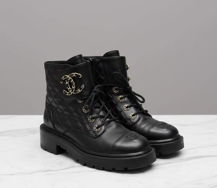 CHANEL Quilted Black Leather Boots - Size 38