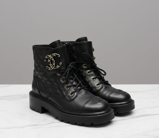 CHANEL Quilted Black Leather Boots - Size 38
